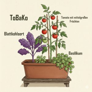 Pflanzbeispiel ToBaKo für Balkon Pflanzkübel.