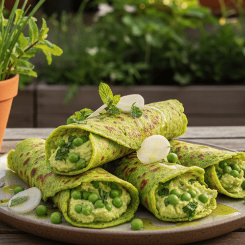 Kräuter Dosas, gefüllt mit Erbsen Humus.