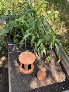 Schornsteinaufsatz als Wurmturm und Olla aus Ton im Hochbeet Kompostieren im Beet