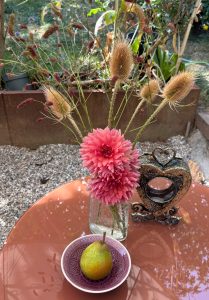 Gartentisch am Sonntag mir Karde, Dahlie und Birnen